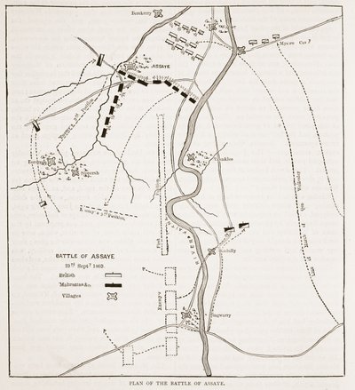 Plan for slaget ved Assaye, illustration fra Cassells Illustrated History of India af James Grant, pub. 1879 af English School