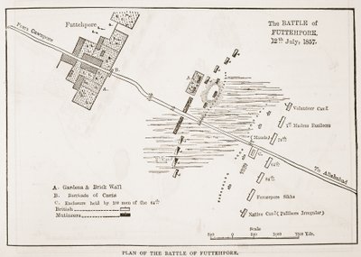 Plan for slaget ved Futtehpore, 12. juli 1857, fra Cassells Illustrated History of England af English School