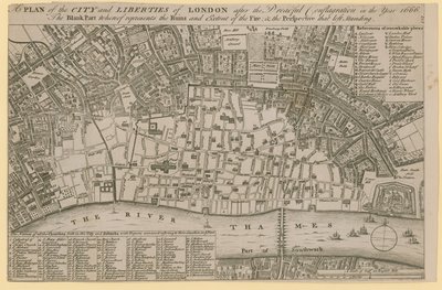 Plan for City and Liberties of London efter den frygtelige brand i år 1666 af English School