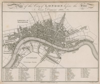 Plan for City of London før branden i 1666 af English School