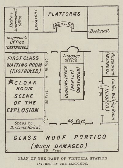 Plan des durch die Explosion beschädigten Teils des Victoria-Bahnhofs (Gravur) von English School