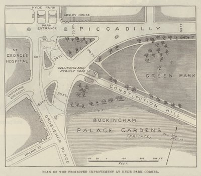 Plan for den forventede forbedring ved Hyde Park Corner (gravering) af English School