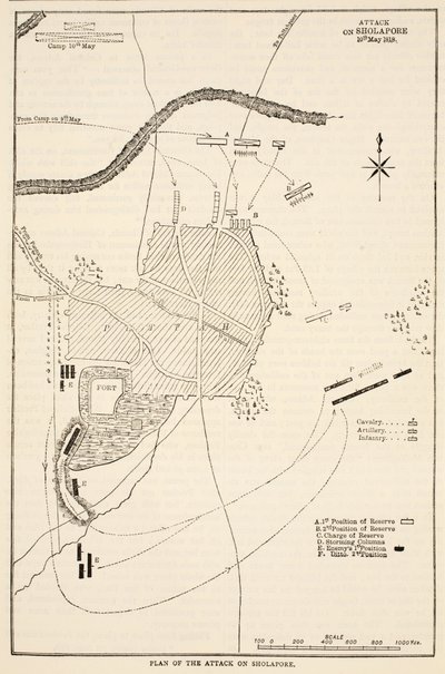 Plan for angrebet på Sholapore, illustration fra Cassells Illustrated History of India af James Grant, pub. 1879 af English School