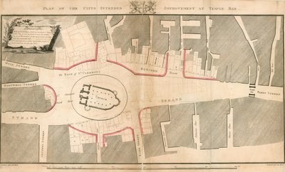 Plan over byens påtænkte forbedring i Temple Bar, London af English School