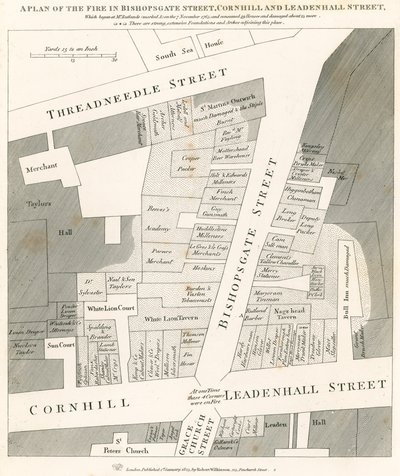 Plan for branden i Bishopsgate Street, Cornhill og Leadenhall Street, London, som begyndte den 7. november 1765 af English School