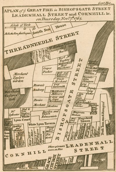 Plan for branden i Bishopsgate Street, Cornhill og Leadenhall Street, London, som begyndte den 7. november 1765 af English School