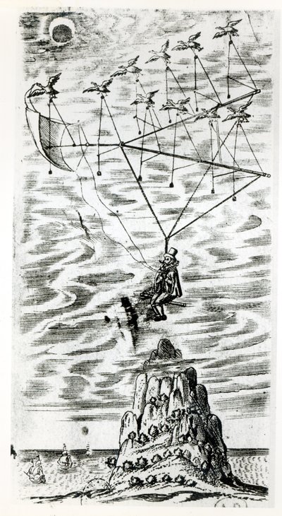 Plane, illustration fra frontispicen af The man in the moone eller en tale om en rejse dertil af Domingo Gonsales, the speedy Messenger af Francis Godwin (1562-1633), udgivet posthumt i af English School