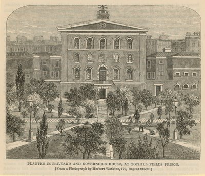 Bepflanzter Hof und Gouverneurshaus im Tothill Fields Prison von English School