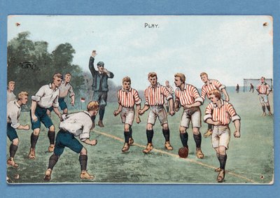 Leg, postkort, der forestiller en fodboldkamp; af English School