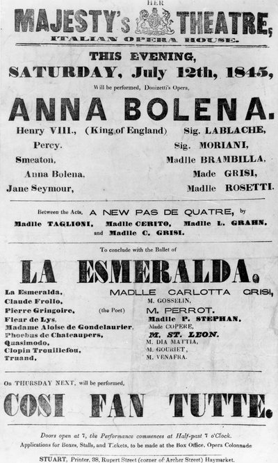 Spilleplan for Hendes Majestæts teater, Italiensk operahus, 1845 (trykt papir) af English School
