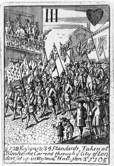 Spillekort, der forestiller fanerne og standarder taget i Blenheim, båret gennem City of London, 3. januar 1705 af English School