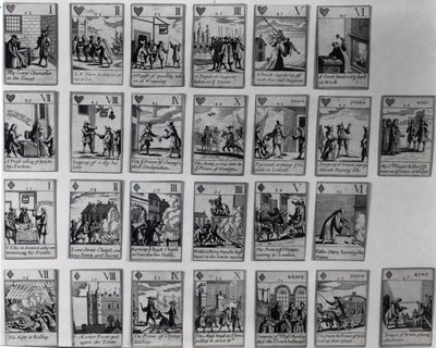 Spillekort, der skildrer episoder fra den glorværdige revolution 1688-89, ca. 1689 af English School