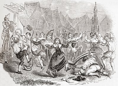 Plough Monday celebrations, the dance of Bessie and the Clown, from Old England: A Pictorial Museum, udg. 1847 af English School