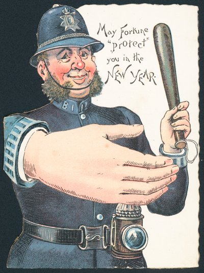 Politimand, der holder knipler med stor hånd, nytårskort af English School