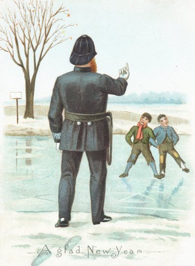 Polizist schimpft Jungen, Neujahrskarte von English School