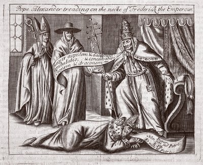 Papst Alexander tritt auf den Nacken von Kaiser Friedrich, Illustration aus Acts and Monuments von John Foxe, neunte Ausgabe, veröffentlicht 1684 von English School
