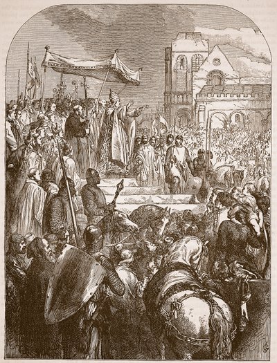 Pave Urban II prædiker det første korstog på markedspladsen i Clermont, 1096, illustration fra Cassells Illustrated History of England (sepiafoto) af English School
