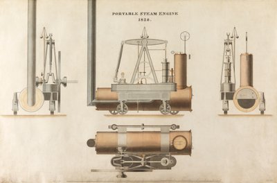 Bærbar dampmaskine, designet af Maudsley, Sons & Field, 1828 (pen & blæk og wc på papir) af English School