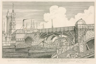 Del af Old London Bridge, tegnet i 1827 under byggearbejde af English School