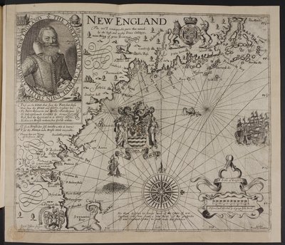 Portræt af kaptajn John Smith. Et billede af New Englands kyst, i 