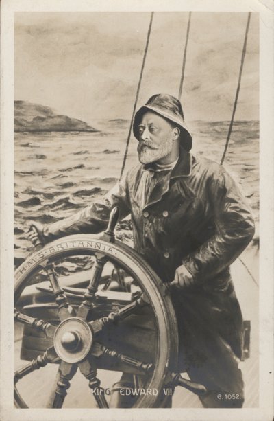 Portræt af kong Edward VII ved roret af HMS Britannia (litho) af English School