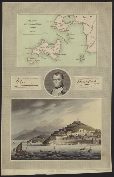 Portræt af Napoleon Bonaparte med et kort og udsigt over Elba af English School