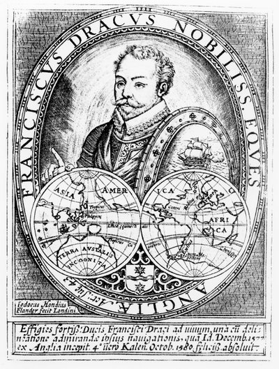 Portræt af Sir Francis Drake (ca. 1540-96) i en alder af 43, indgraveret af Jodocus Hondius (1567-1611) af English School