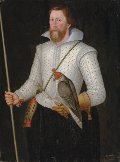 Portræt af Sir Thomas Monson, halvlangt, i en skåret hvid dublet, omgjord med et sværd, med en falk og hans embedsstav af English School