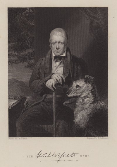 Portræt af Sir Walter Scott, med hund (gravering) af English School