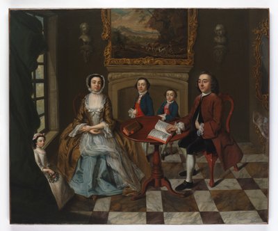 Portræt af en familie i et interiør, menes at være familien Roubel, 1750
