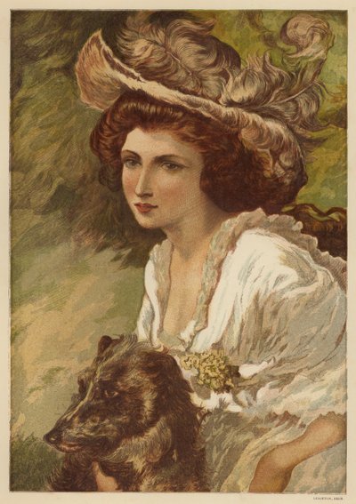 Portræt af en ung kvinde med en hund (farve litho) af English School