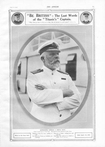 Portræt af og hyldest til kommandør Edward J. Smith, kaptajn på White Star Liner RMS Titanic, fra The Sphere, 27. april 1912 af English School