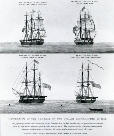 Portrætter af fartøjerne fra polarekspeditionen i 1818 (gravering) af English School
