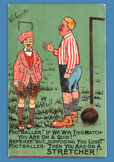 Postkort, der forestiller en karikatur af en spansk fodboldspiller af English School
