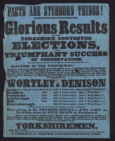 Plakat, der fejrer de konservative kandidaters sejr ved parlamentsvalget i Yorkshire af English School