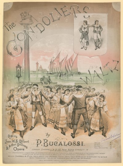 Plakat til The Gondoliers Waltz af P Bucalossi i luften af W S Gilbert og Arthur Sullivans opera af English School