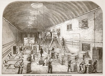 Priser Patent Candle Companys Works, No.1: The Spreading and Stripping Department, fra The Illustrated London News, 1849 af English School