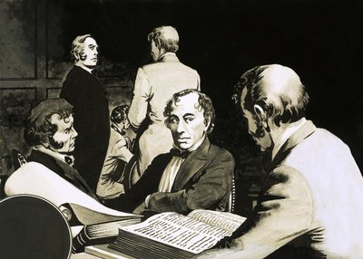 Premierminister Benjamin Disraeli konfererer med sine konservative kolleger af English School