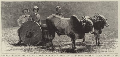 Prinz Albert Victor mit dem "Elefantenkönig" in einem Dschungelwagen in Mysore, Indien (Gravur) von English School