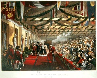 Prinsesse Alexandra af Danmark ankom til London den 7. marts 1863 til The Bricklayers Arms Station med sin kommende mand, Prinsen af Wales. 1863 (farve litho) af English School