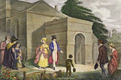 Prinsesse Charlotte Augusta af Wales (1796-1817) og prins Leopold af Saxe Coburg Gotha (1790-1865) på vej til Esher-kirken af English School