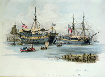 Fængselsskibe brugt af briterne under Napoleonskrigene til at huse franske fanger, 1805 (farvegravering) af English School