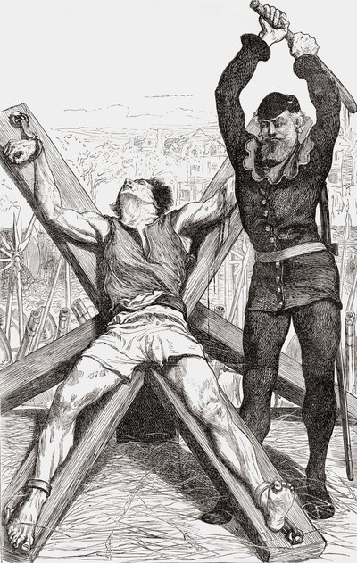 Fange bliver tortureret på St. Andrews Cross, ca. 1865 (trægravering) af English School