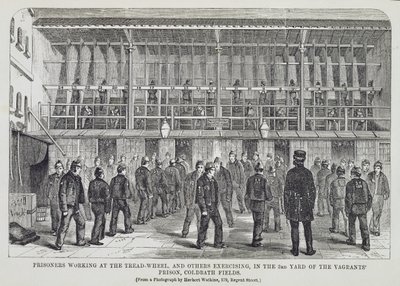 Fanger, der arbejder ved trædehjulet og andre, der træner i 3rd Yard of the Vagrants Prison, Coldbath Fields, fra The Criminal Prisons of London og Scenes of Prison Life af Henry Mayhew (1812- af English School
