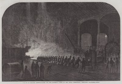 Processen med at rulle panserplader til Hendes Majestæts skibe på Atlas Steelworks, Sheffield (gravering) af English School