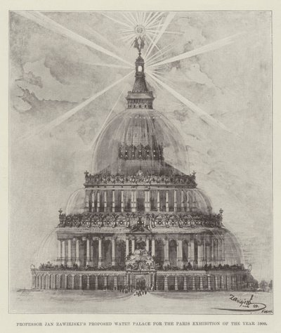 Professor Jan Zawiejskis foreslåede vandpalads til årets Paris-udstilling 1900 (litho) af English School