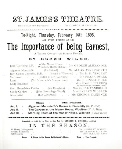 Program for en forestilling af The Importance of Being Earnest af Oscar Wilde (1854-1900) på St. James Theatre, 14. februar 1895 af English School