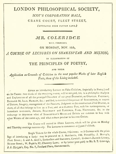 Program for Coleridges forelæsninger fra 1808 af English School