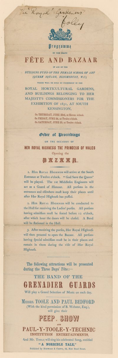 Program for den store fest og basar til fordel for Female School of Art af English School