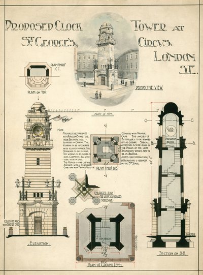 Foreslået klokketårn ved St Georges Circus, London SE (blæk på papir) af English School